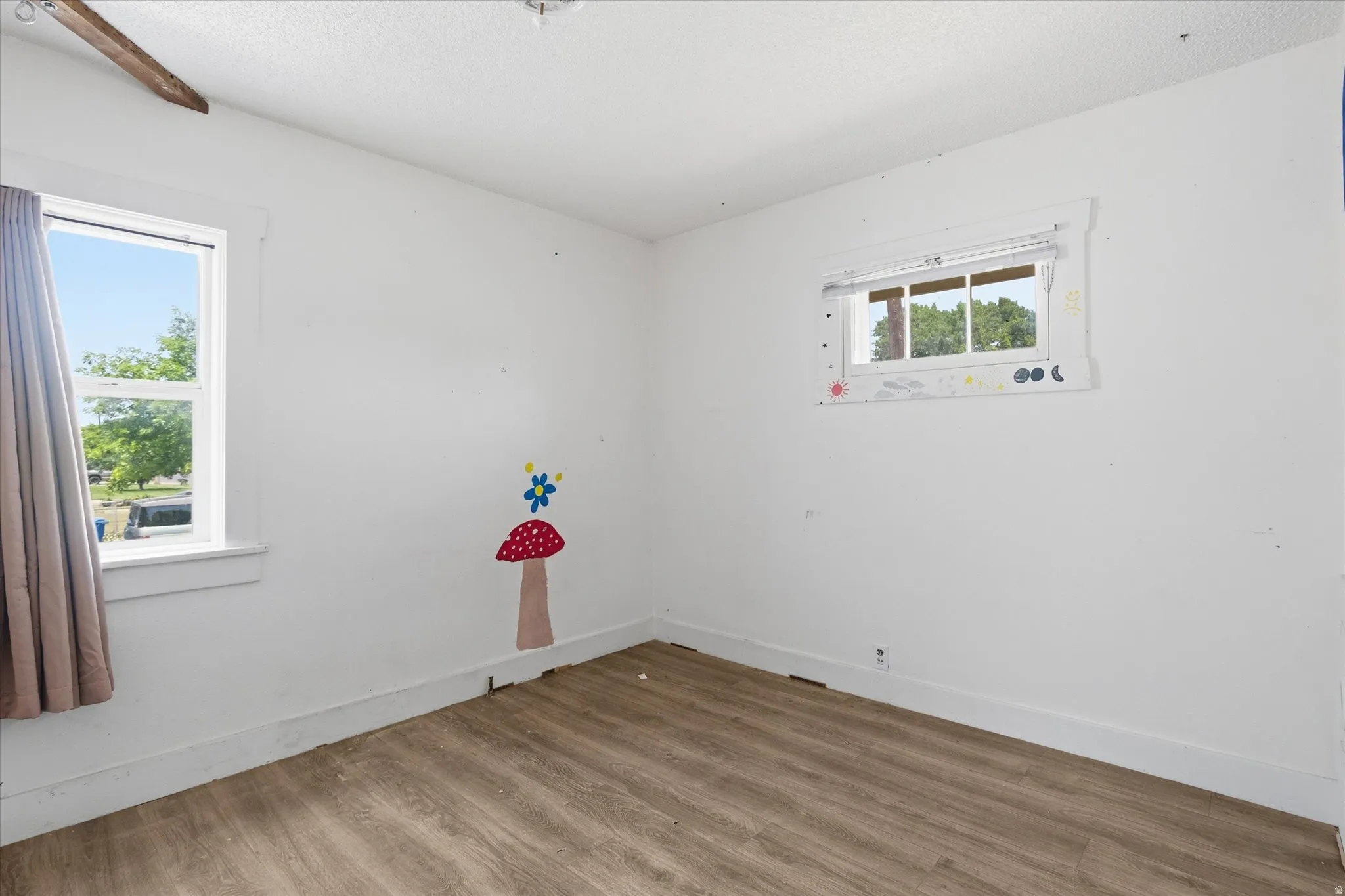 Bright room featuring two windows and wood-finish flooring