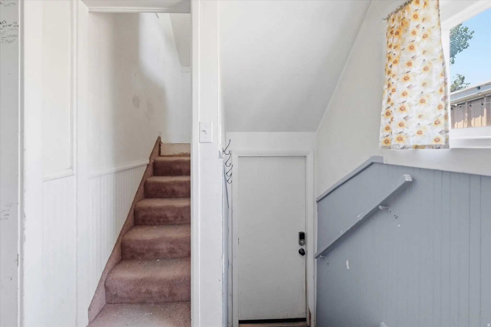 Carpeted staircase featuring white wall paneling