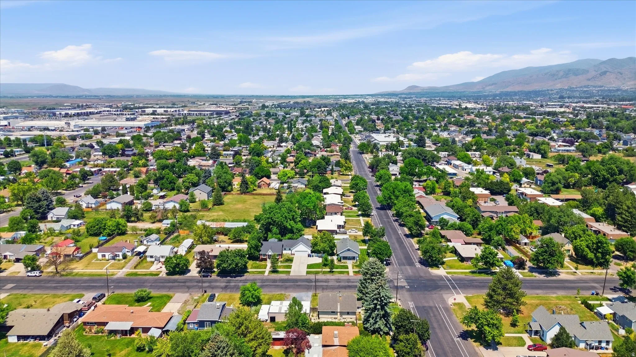 Aerial perspective showcasing an expansive residential area with scattered mature trees and distant mountain ranges