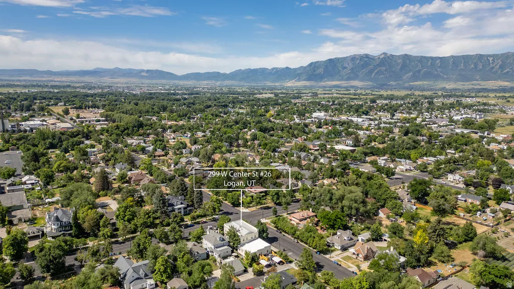 Aerial perspective showcasing a residential area with varied architectural styles and mature trees