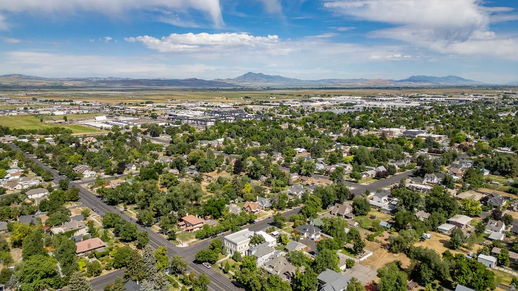 Expansive aerial perspective showcasing a residential neighborhood with mature tree coverage