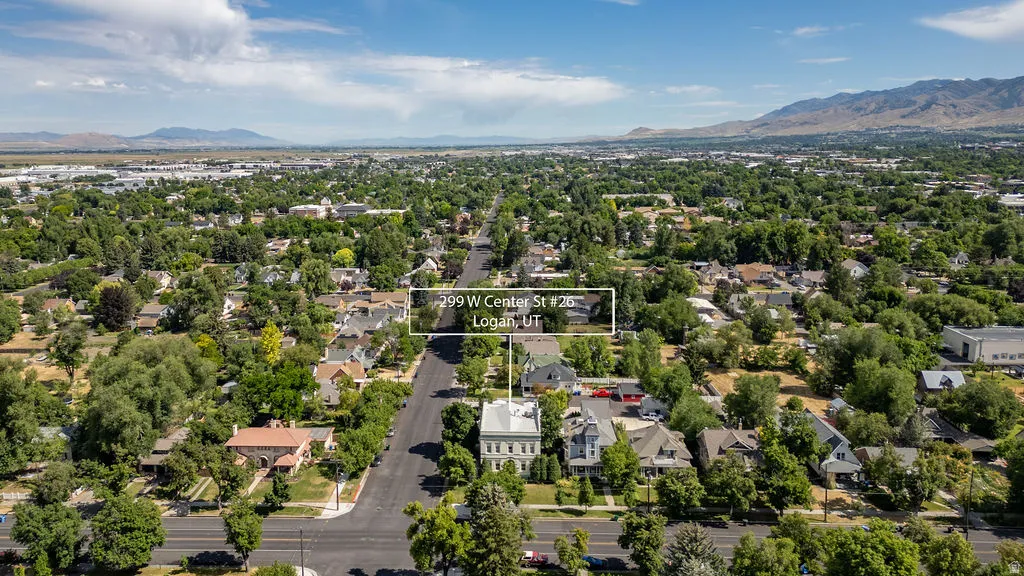 Aerial perspective of a tree-lined neighborhood featuring a mix of architectural styles, surrounded by distant mountains