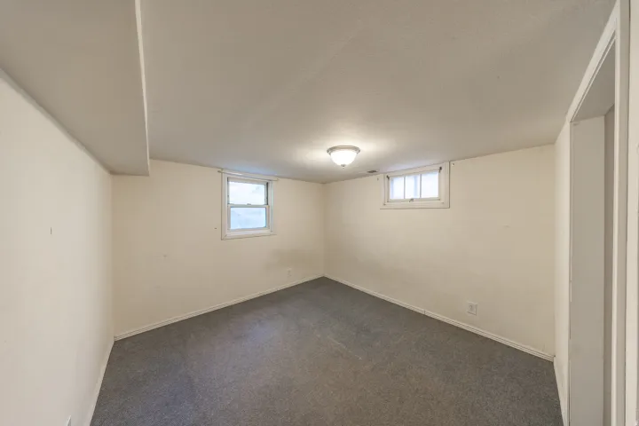 Carpeted room featuring two windows and a ceiling-mounted light fixture