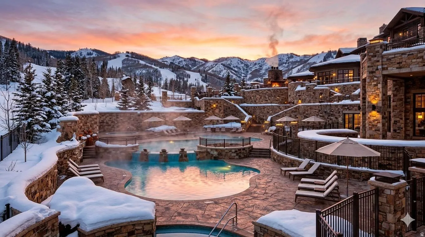 Expansive outdoor pool area with integrated spa featuring stone hardscaping and multiple seating zones