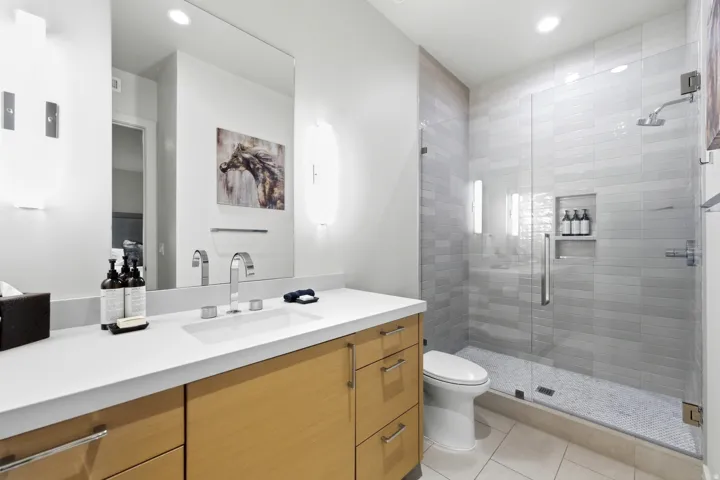 Modern bathroom featuring a spacious glass-enclosed shower with tiled walls and a recessed niche