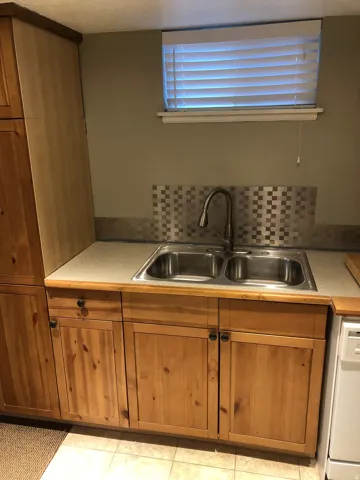 Double basin stainless steel sink with a high-arc faucet, set into a light-toned countertop
