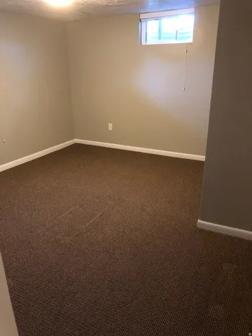 Carpeted room featuring a neutral wall color, white baseboards, and a high-set window