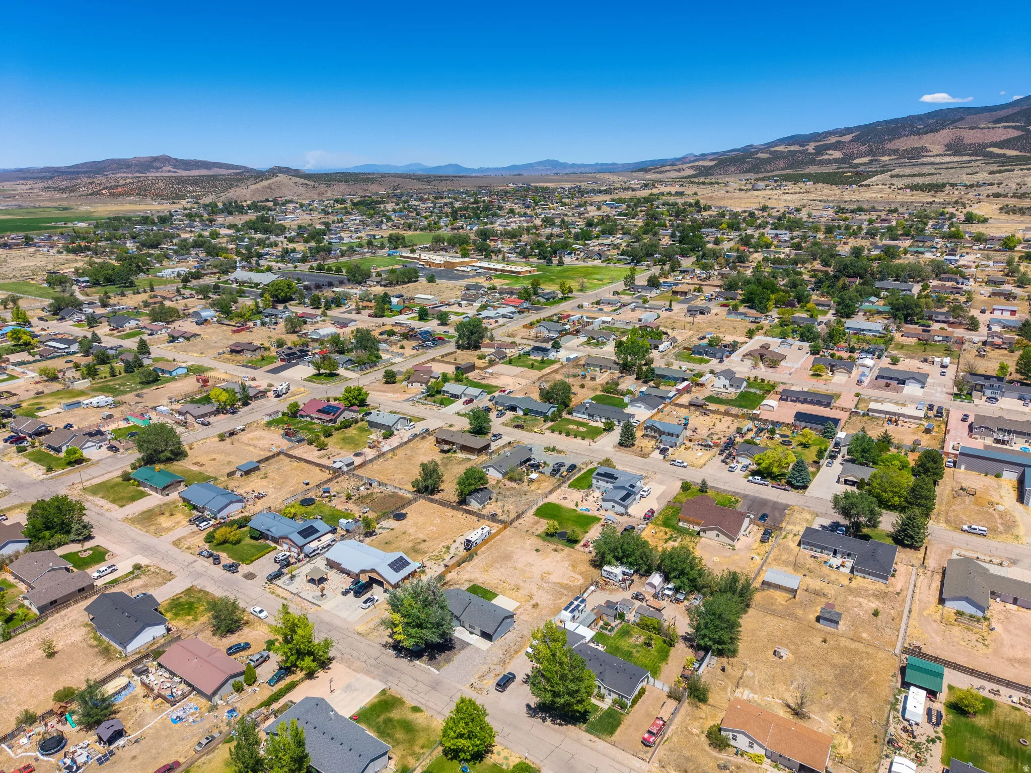 Aerial perspective showcasing a residential community with varied architectural styles