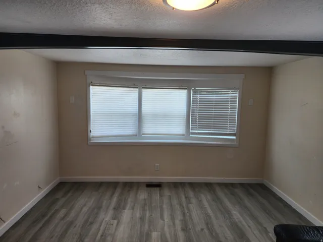 Room featuring wood-finish flooring, white baseboards, and a three-pane window with horizontal blinds and white trim