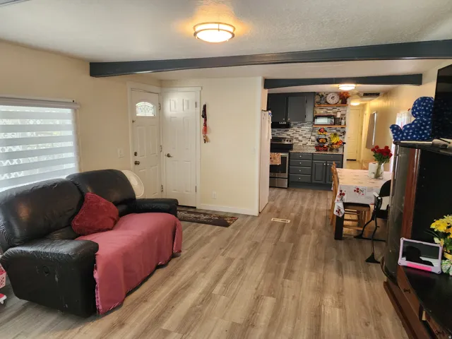 Open-concept living area featuring wood-finish flooring, a white paneled entry door with frosted glass, and recessed lighting