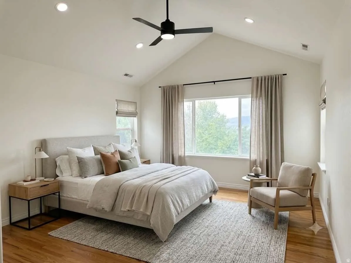 AI generated by Make It Market Ready. Vaulted ceiling with recessed lighting and ceiling fan