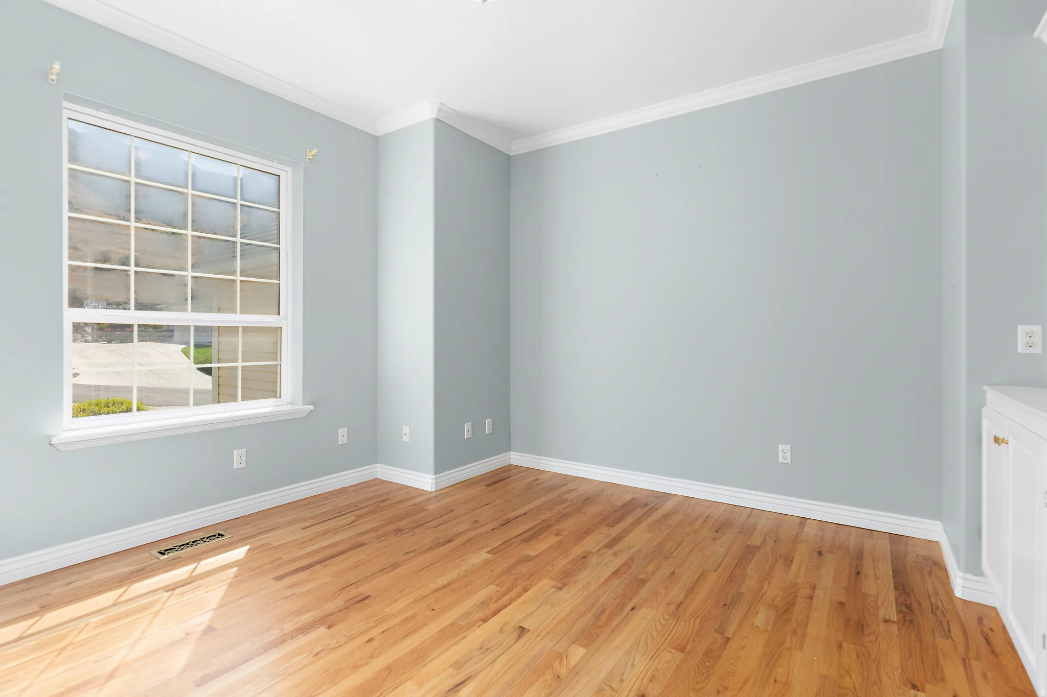Spacious room featuring wood-finish flooring, light blue walls, and white crown molding
