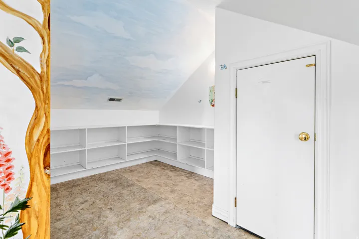 Room featuring extensive built-in shelving, sloped ceiling with a painted sky design, white walls, and neutral-toned flooring