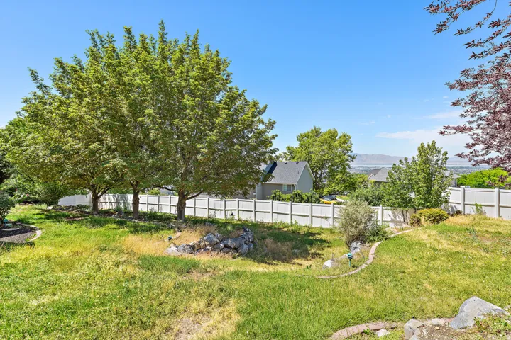 Spacious outdoor area featuring mature trees, a white perimeter fence, and a distant mountain range