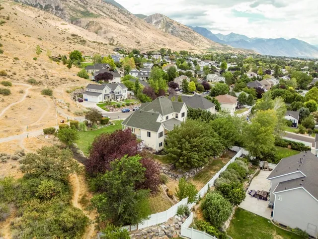 Expansive residential area featuring numerous properties, mountainous backdrop, and mature landscaping