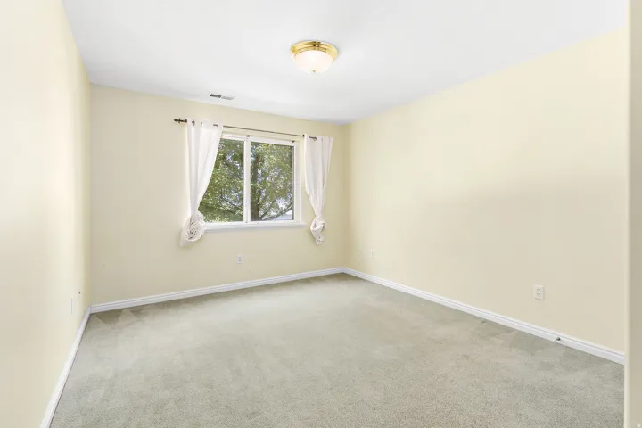 Bright room featuring a window with exterior tree scenery, soft beige wall paint, white baseboards, and a neutral carpeted floor
