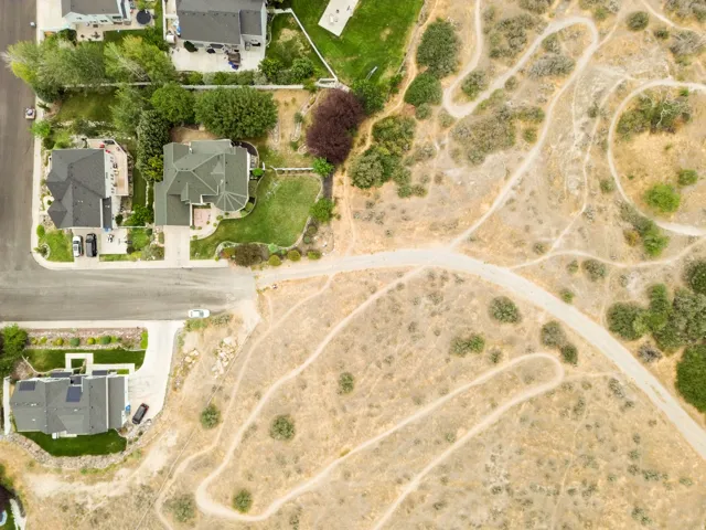 Aerial perspective showcasing a residential street with homes featuring dark-shingled roofs