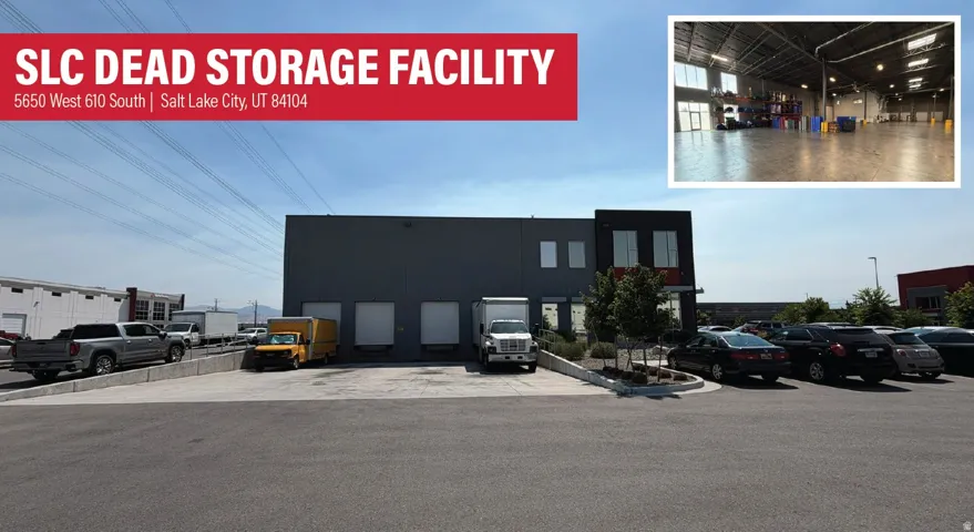 Property Listing Advertisement. Depicting an industrial storage facility with exterior and interior visuals, including its address and city