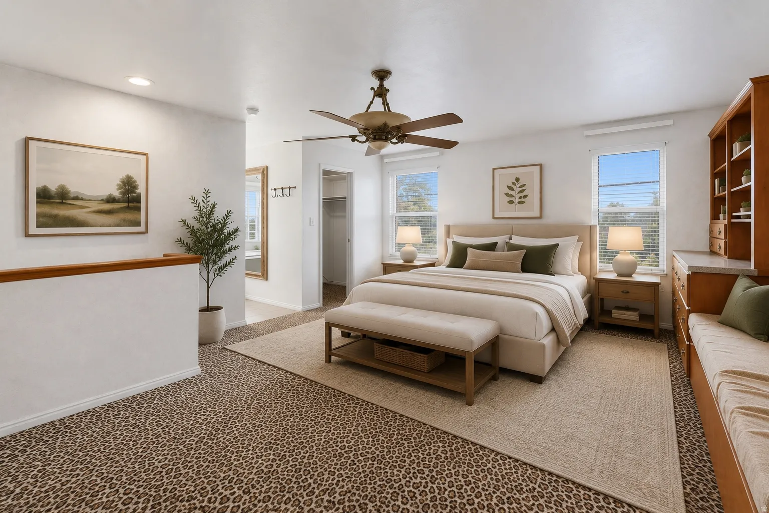 Spacious bedroom featuring dual windows, a ceiling fan, and built-in wood cabinetry with shelving