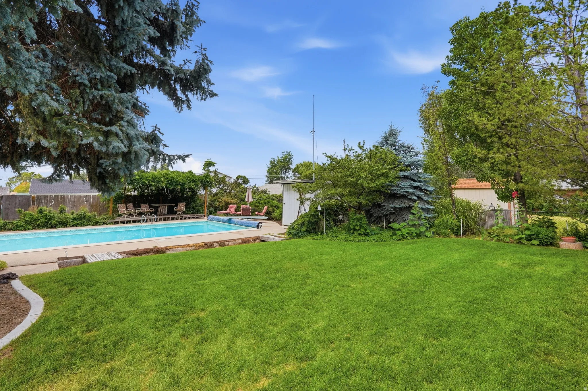 Expansive backyard featuring a rectangular swimming pool with concrete decking, a large grassy area, mature trees, and established perimeter landscaping