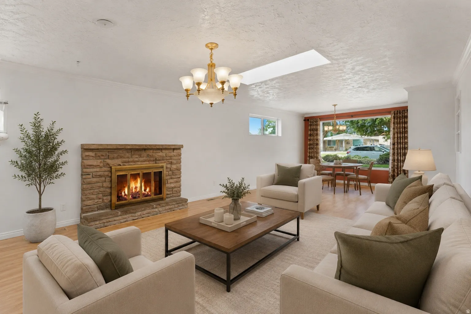 Living area featuring a stone fireplace with a gold-toned insert, wood-finish flooring, and a rectangular skylight