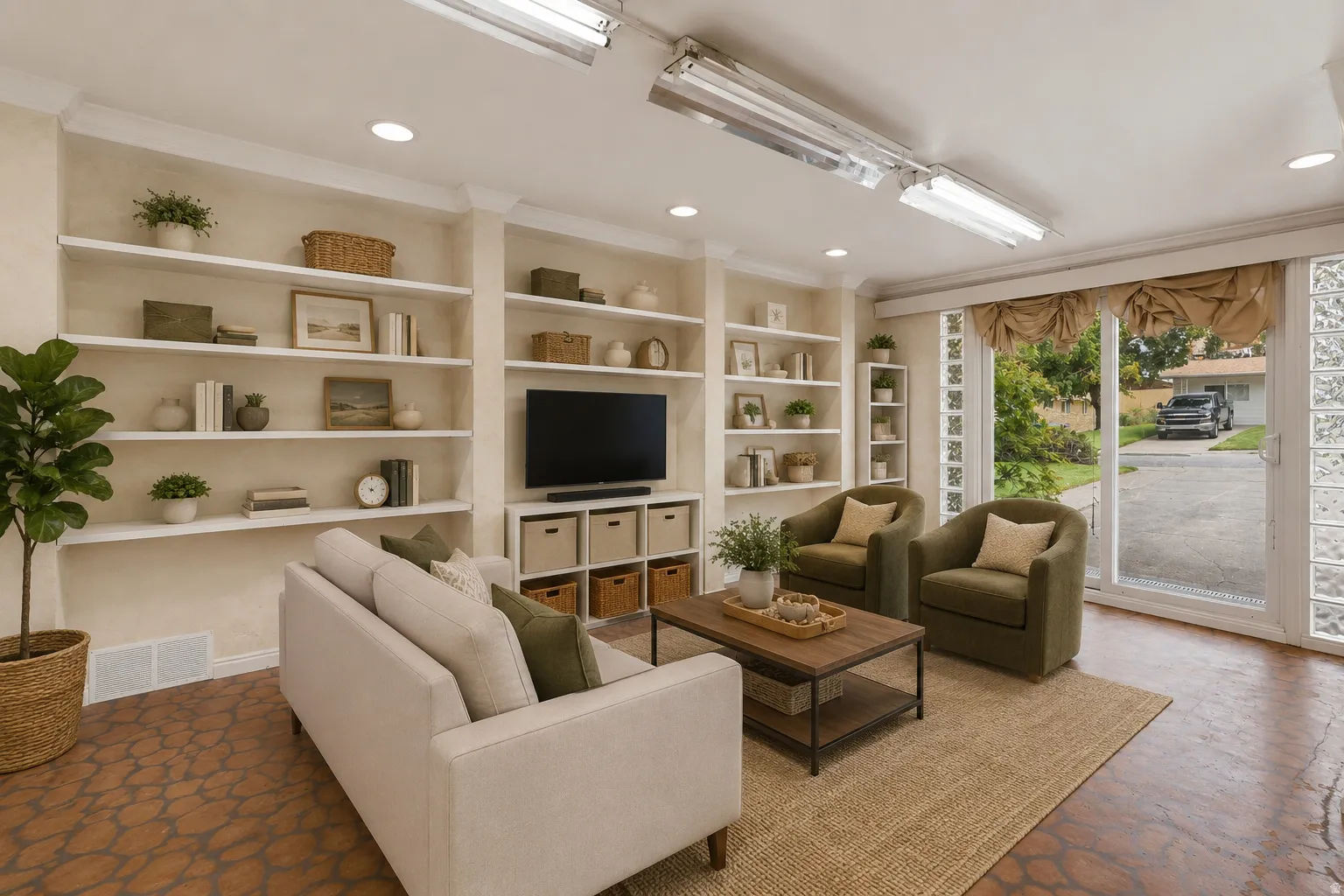 Living area featuring extensive built-in shelving, recessed lighting, and patterned concrete flooring