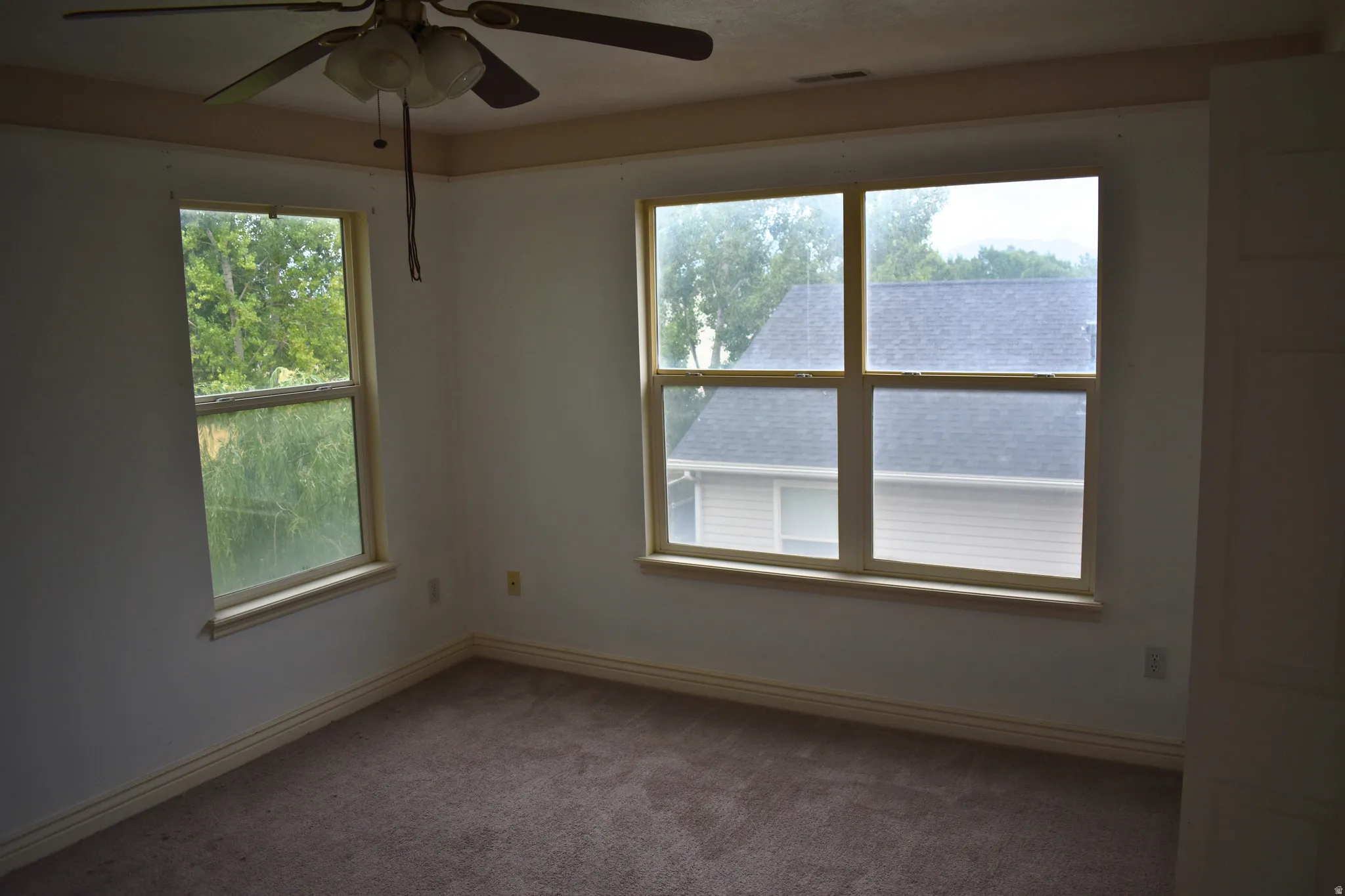 Light-filled room featuring a ceiling fan, two windows with wood-finish trim, and brown carpet flooring