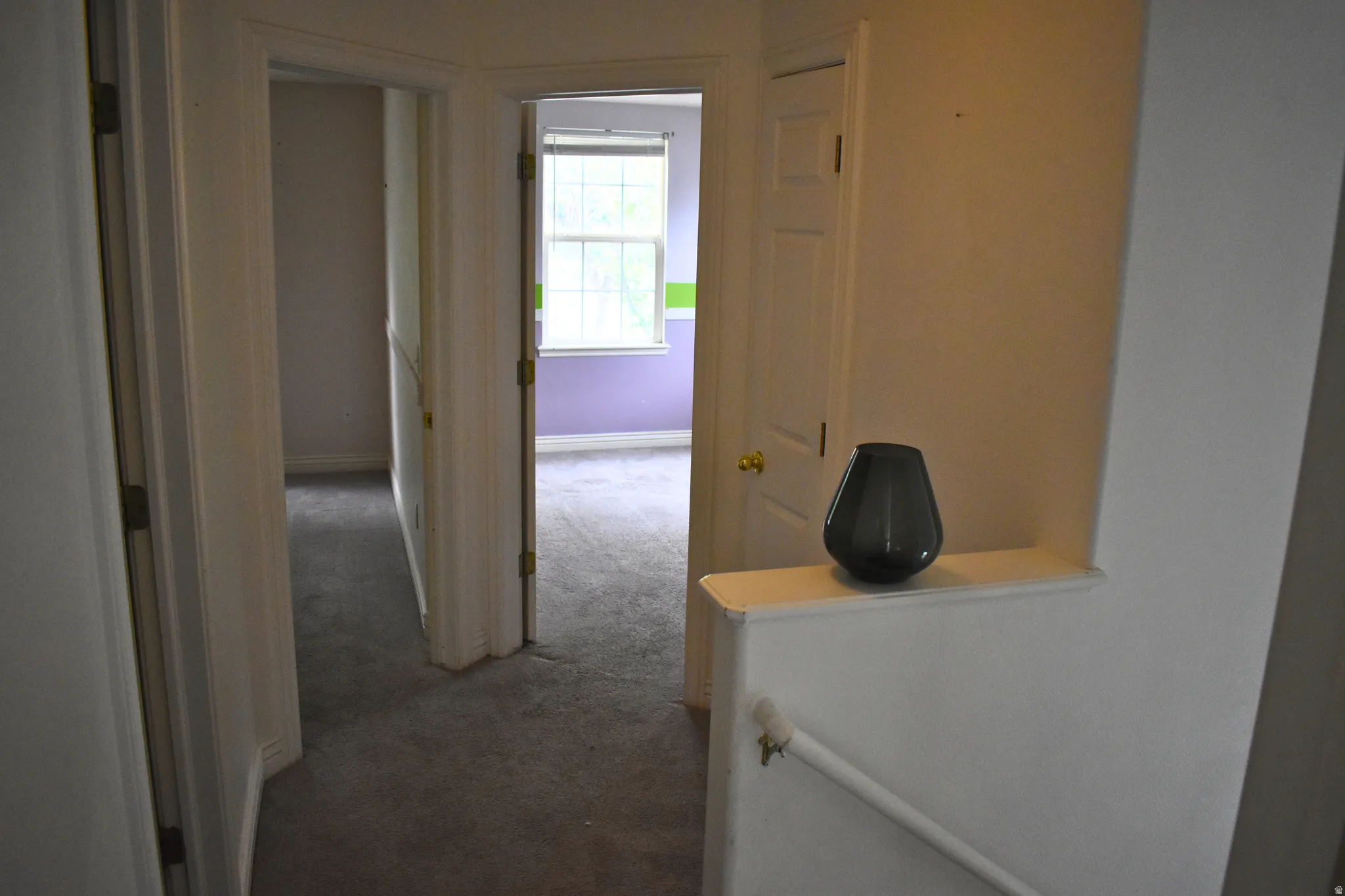 Carpeted hallway featuring multiple doorways with white trim and paneled doors, leading to rooms with individual window exposures