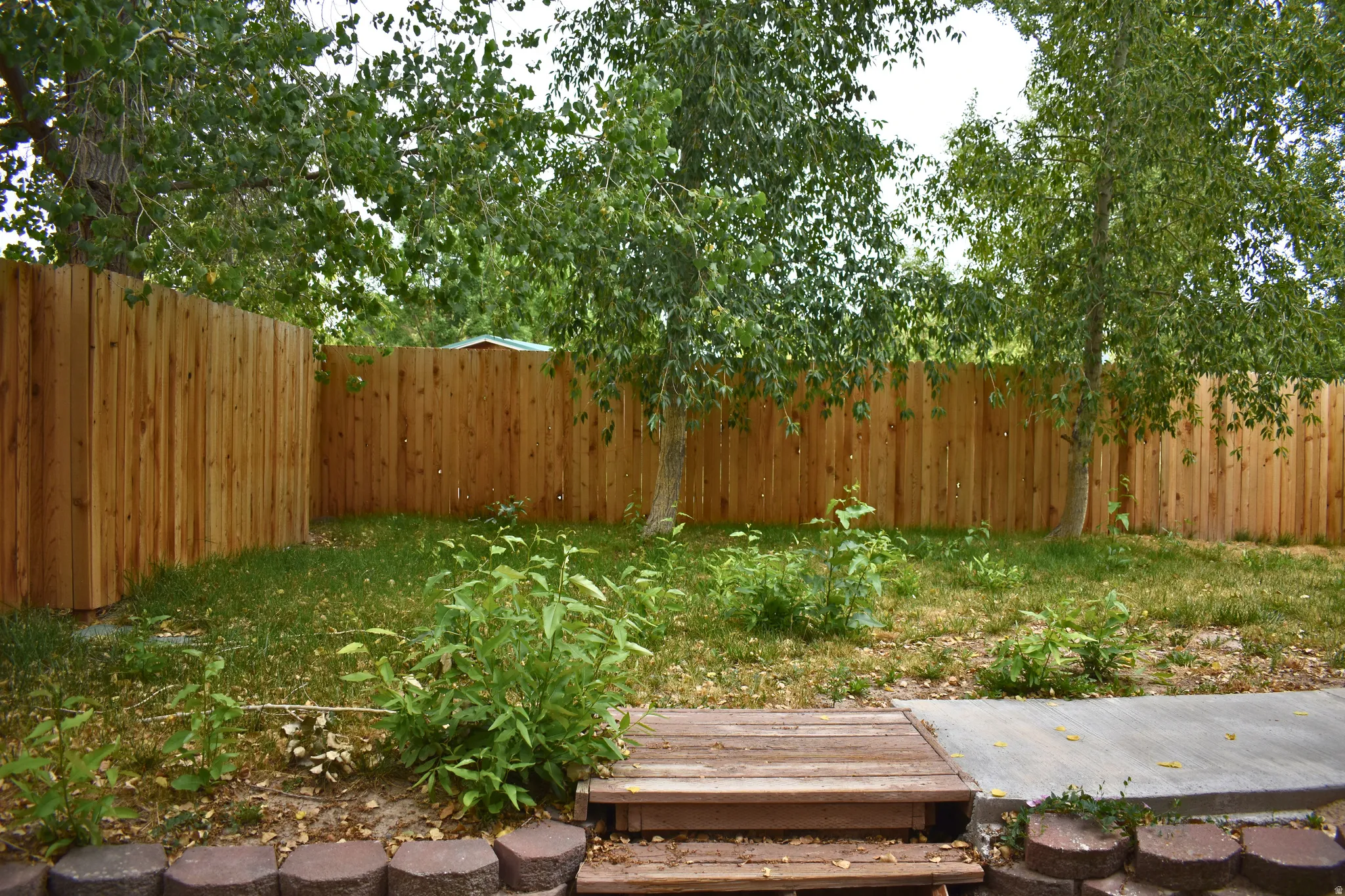 Private backyard featuring a new wood privacy fence, mature trees, a concrete patio section, wood steps, and decorative landscaping blocks