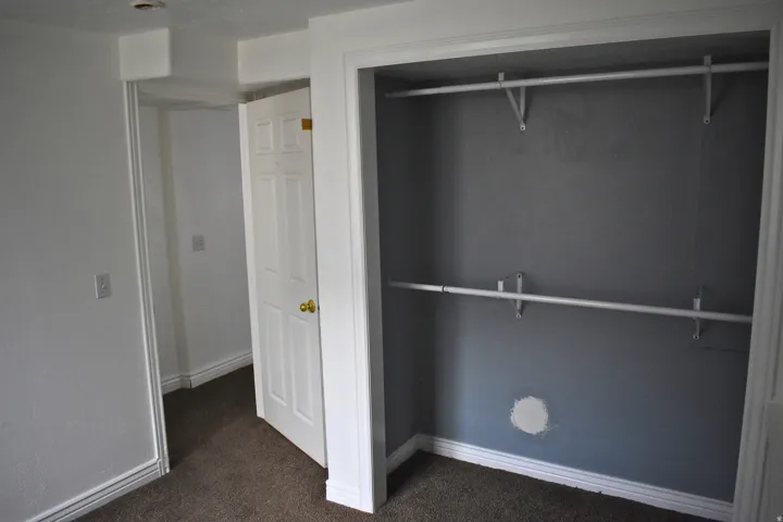 Interior space featuring a built-in closet with two rods, paneled door, and carpet flooring