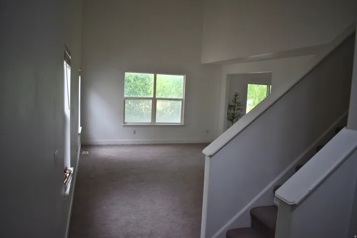 Open concept living space featuring a two-story ceiling, multiple windows, and carpet flooring