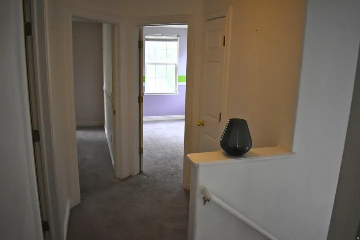 Carpeted hallway featuring multiple doorways with white trim and paneled doors, leading to rooms with individual window exposures