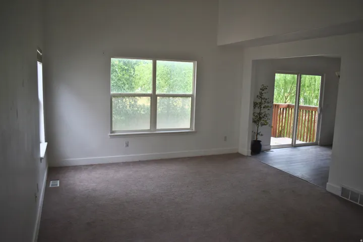 Living area featuring light-toned carpeting, white walls, and a large multi-pane window