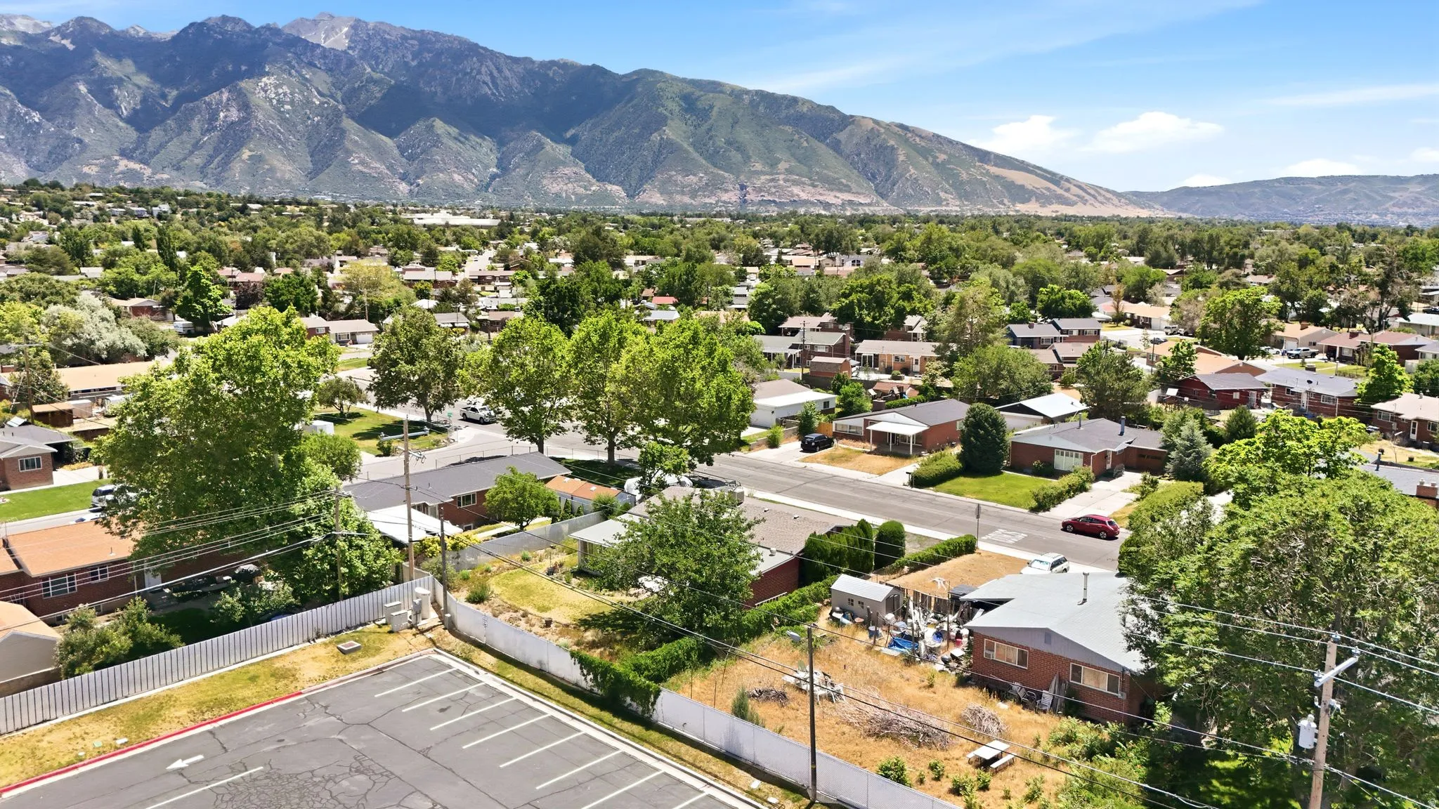 Residential neighborhood with mature trees and mountain backdrop