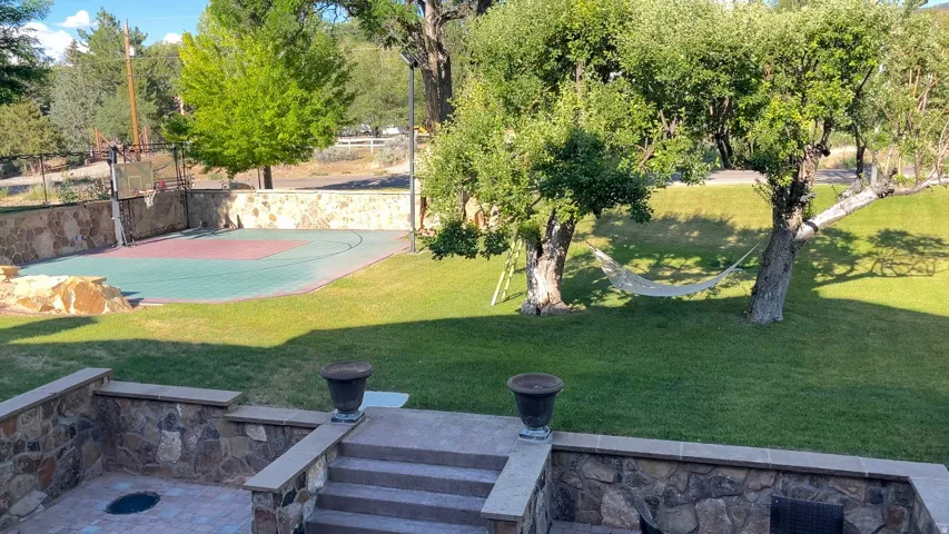 Expansive backyard featuring a multi-sport court with basketball hoops, a manicured lawn, and mature trees