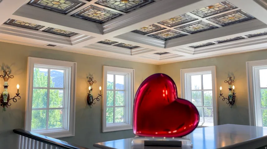 Coffered ceiling with decorative panels, multiple windows, and elegant wall sconces