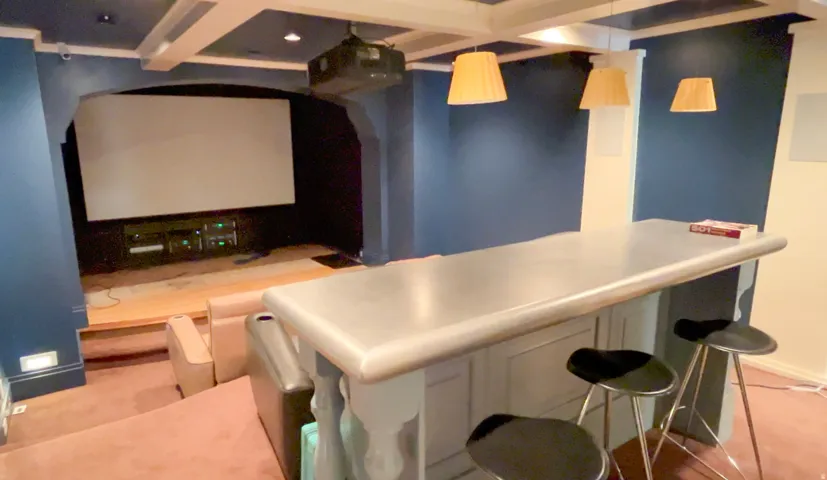 Dedicated theater space featuring a large projection screen and tiered seating