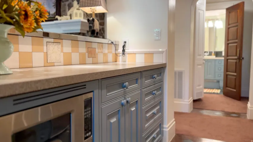 Built-in stainless steel microwave, light gray cabinetry with decorative knobs, and a patterned tile backsplash featuring checkerboard and accent tiles