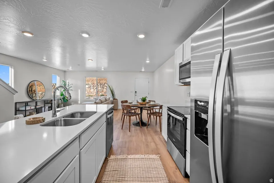 Modern kitchen featuring light-toned cabinetry, stainless steel appliances, a double basin sink, and ample countertop space