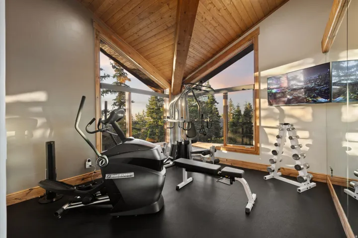 Dedicated fitness space featuring expansive windows, wood-paneled vaulted ceilings, light wood trim, and durable black rubber flooring