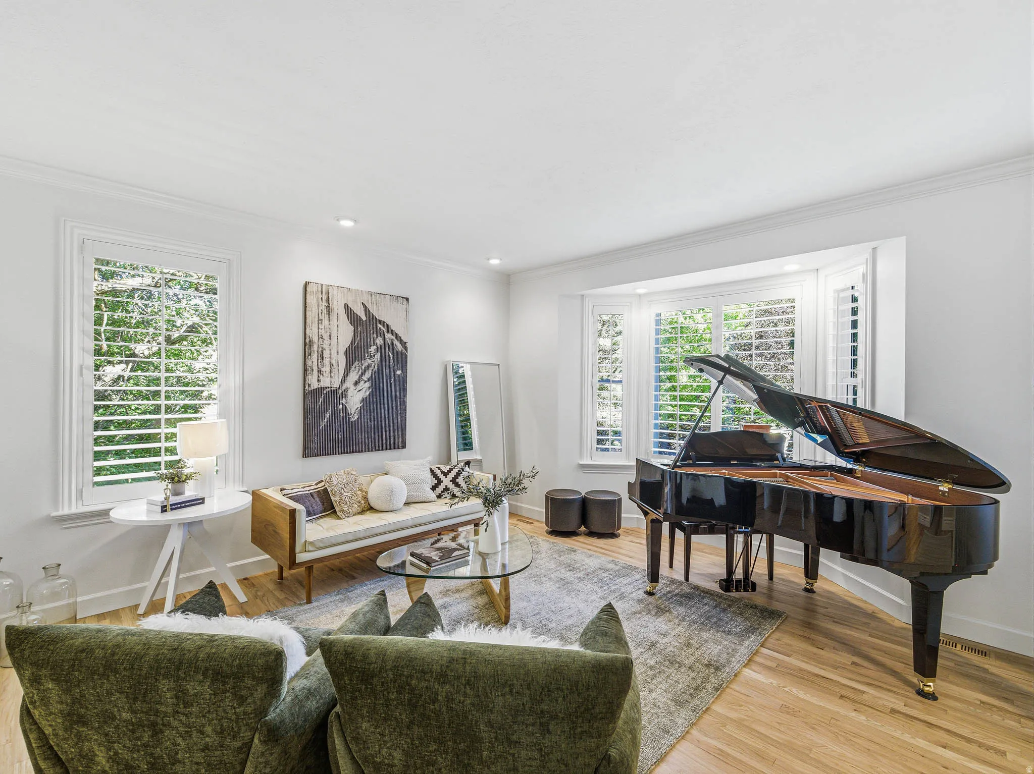 Living area featuring a grand piano and hardwood flooring