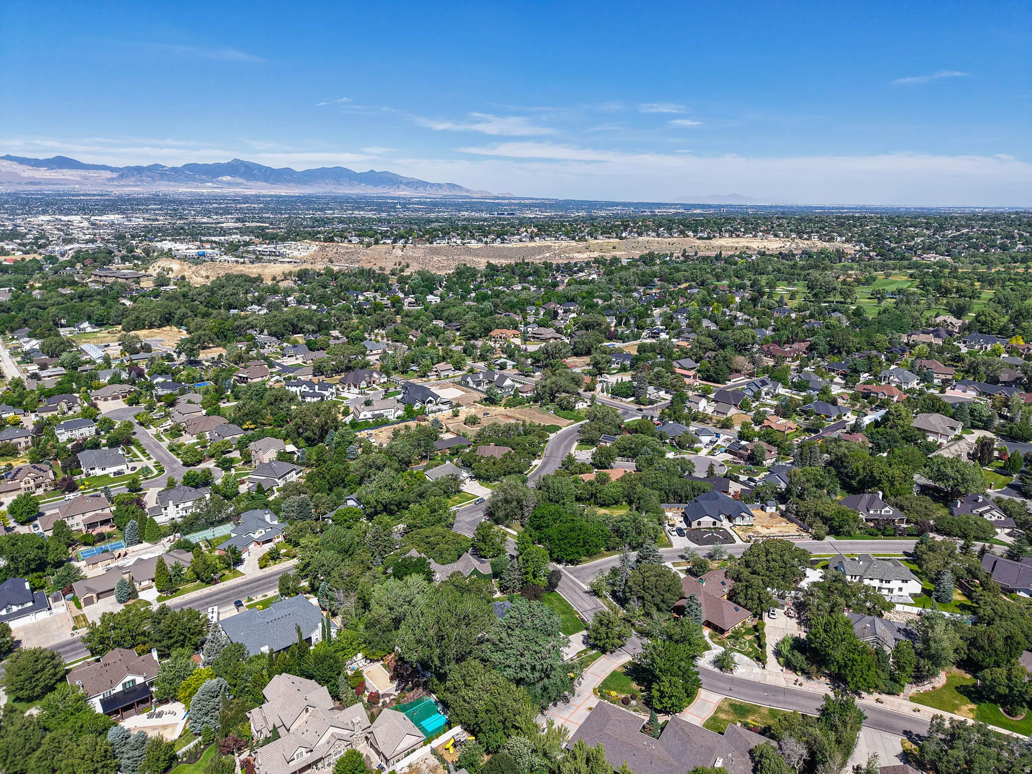 Expansive residential area featuring established homes, mature trees, and mountainous scenery