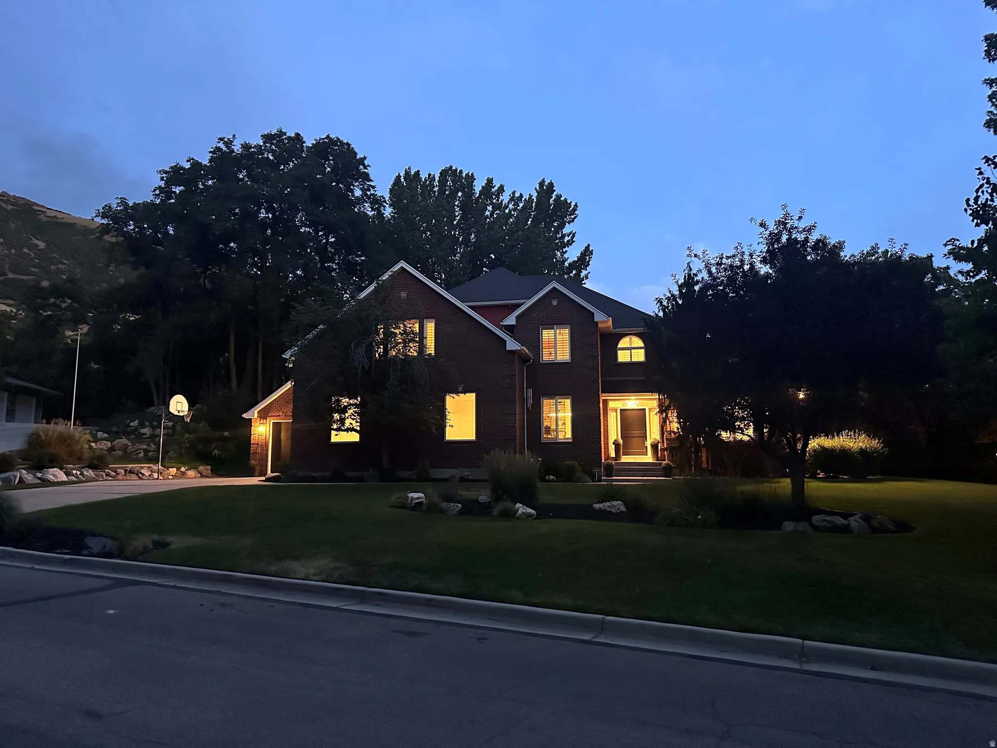 Brick exterior with gabled roof lines