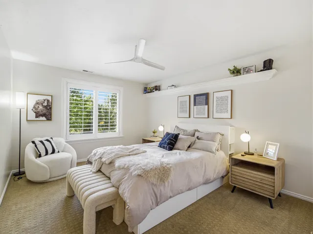 Bright bedroom featuring a large window with plantation shutters, a contemporary ceiling fan, and carpeted flooring