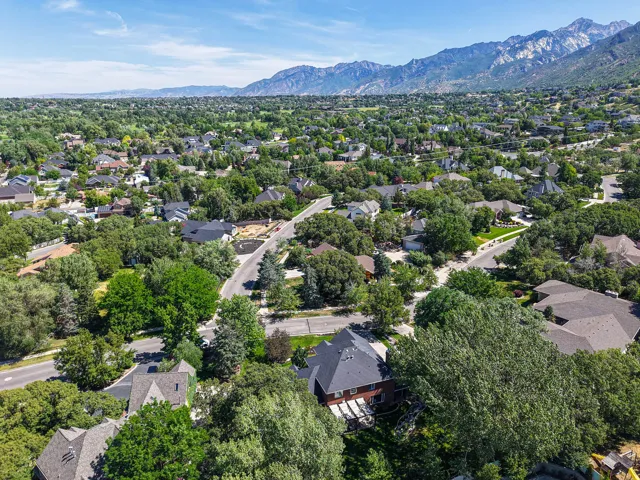 Expansive residential area featuring numerous properties surrounded by mature trees, with a prominent mountain range forming a backdrop under a clear blue sky