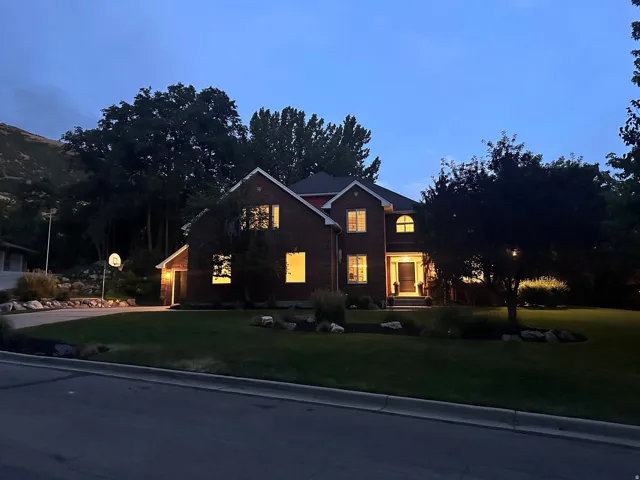 Brick exterior with gabled roof lines