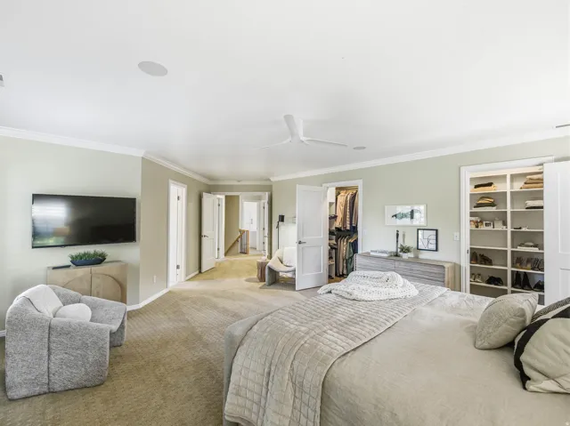 Carpeted room featuring crown molding, built-in ceiling speakers, and a ceiling fan