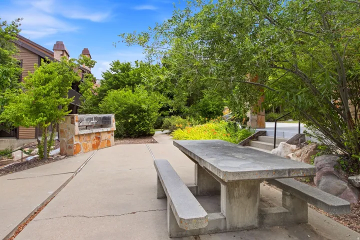 Outdoor patio area featuring a concrete picnic table, built-in stone grill, and mature landscaping