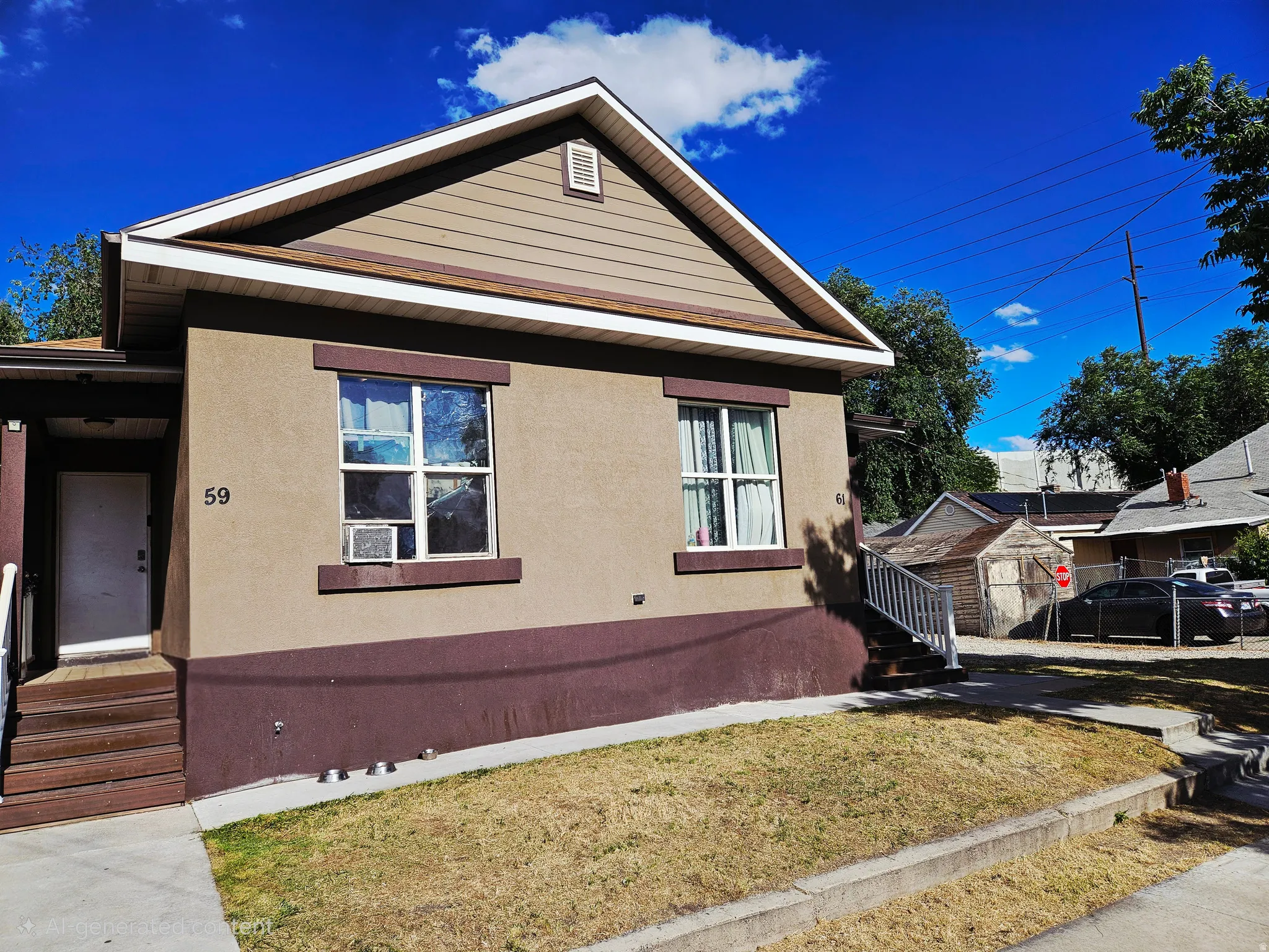 Two-tone stucco exterior with a prominent gabled roofline and siding detail