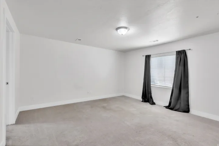 Carpeted room featuring a single window with blinds, white walls, and a ceiling-mounted light fixture